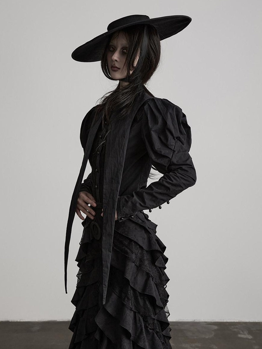 INDULGE Shape Retaining Fitted Waist Ruching Gothic Leg Of Mutton Sleeves Black Blouses