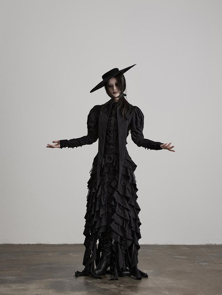 INDULGE Shape Retaining Fitted Waist Ruching Gothic Leg Of Mutton Sleeves Black Blouses