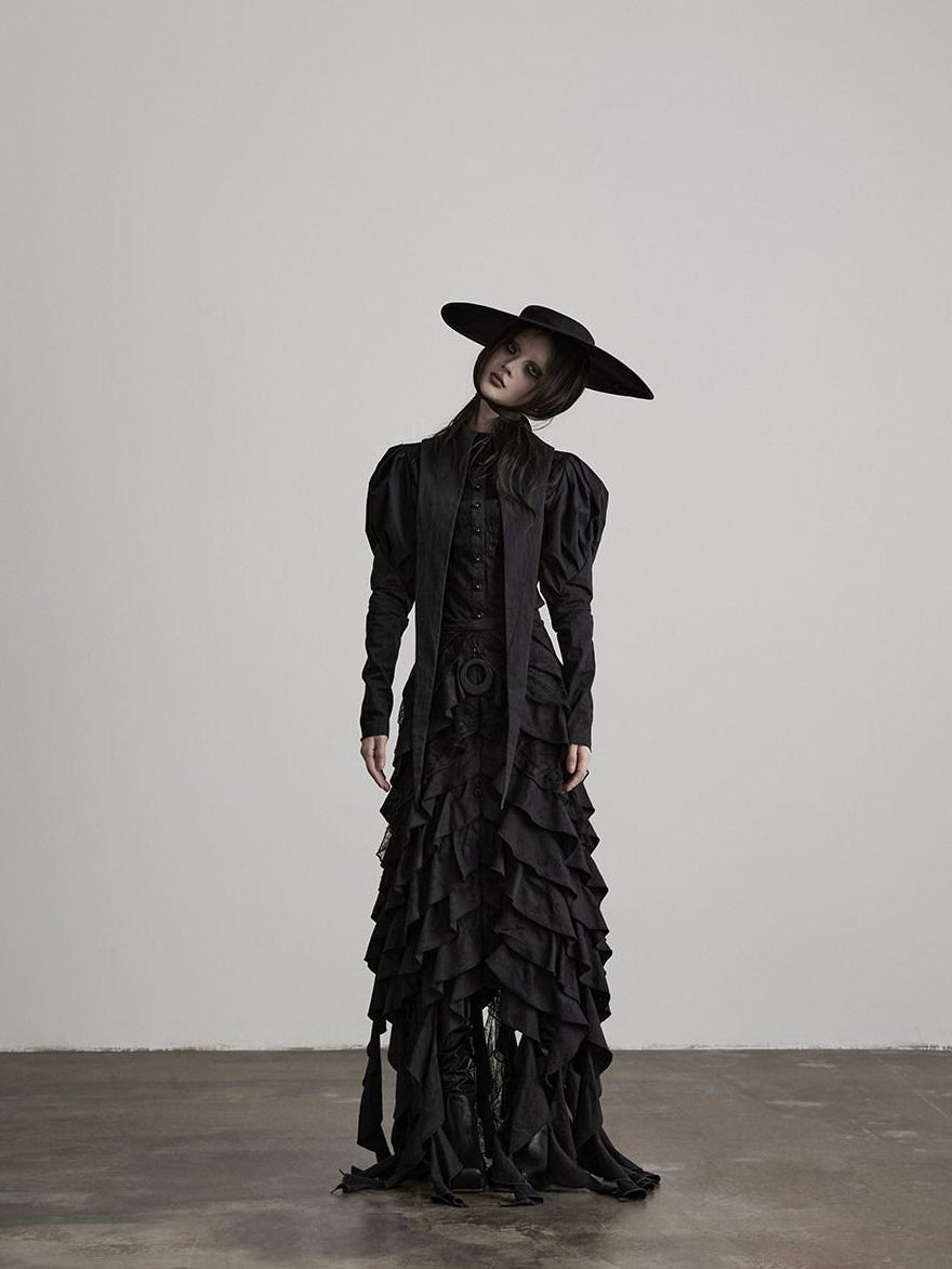 INDULGE Shape Retaining Fitted Waist Ruching Gothic Leg Of Mutton Sleeves Black Blouses