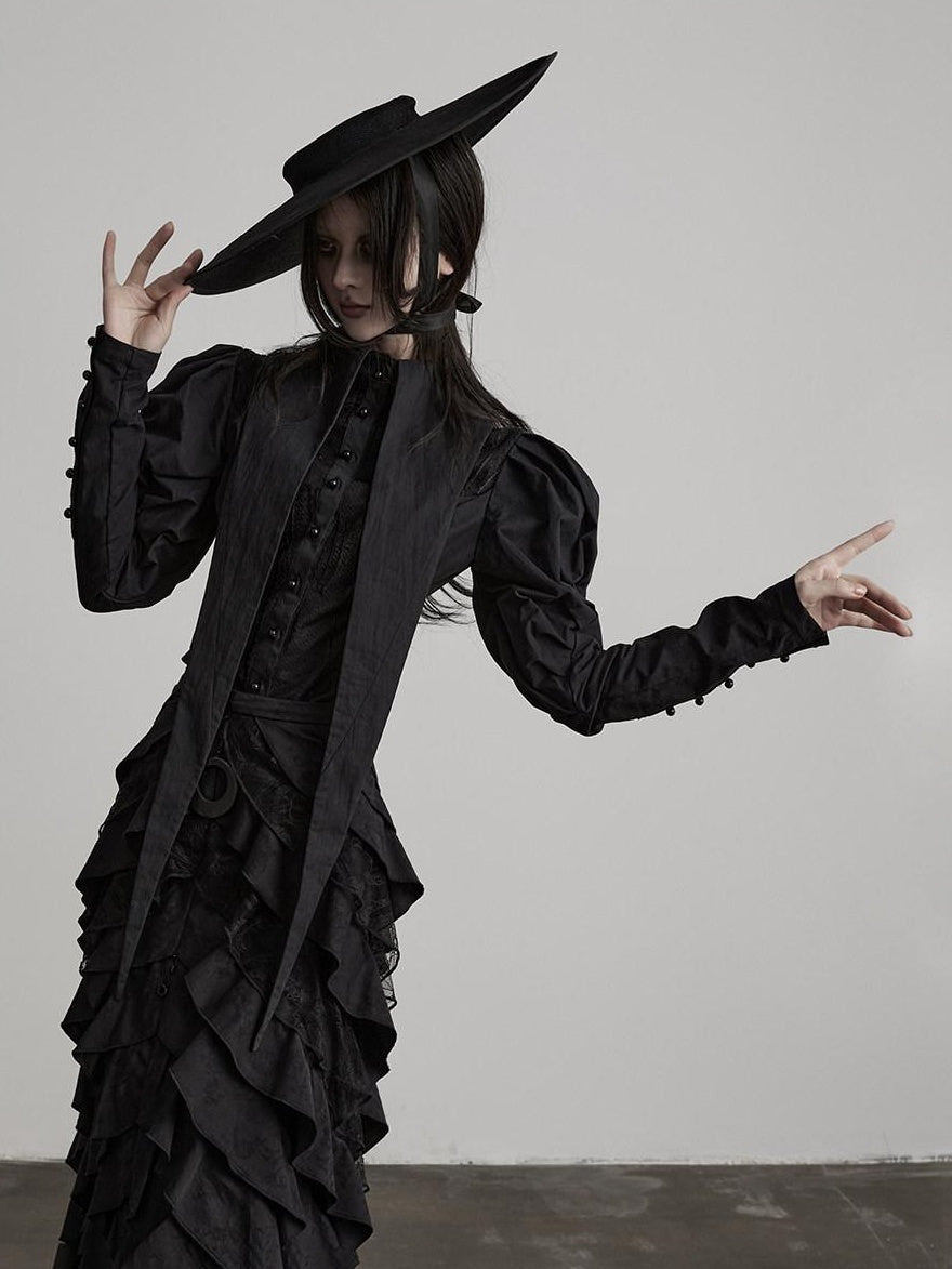 INDULGE Shape Retaining Fitted Waist Ruching Gothic Leg Of Mutton Sleeves Black Blouses
