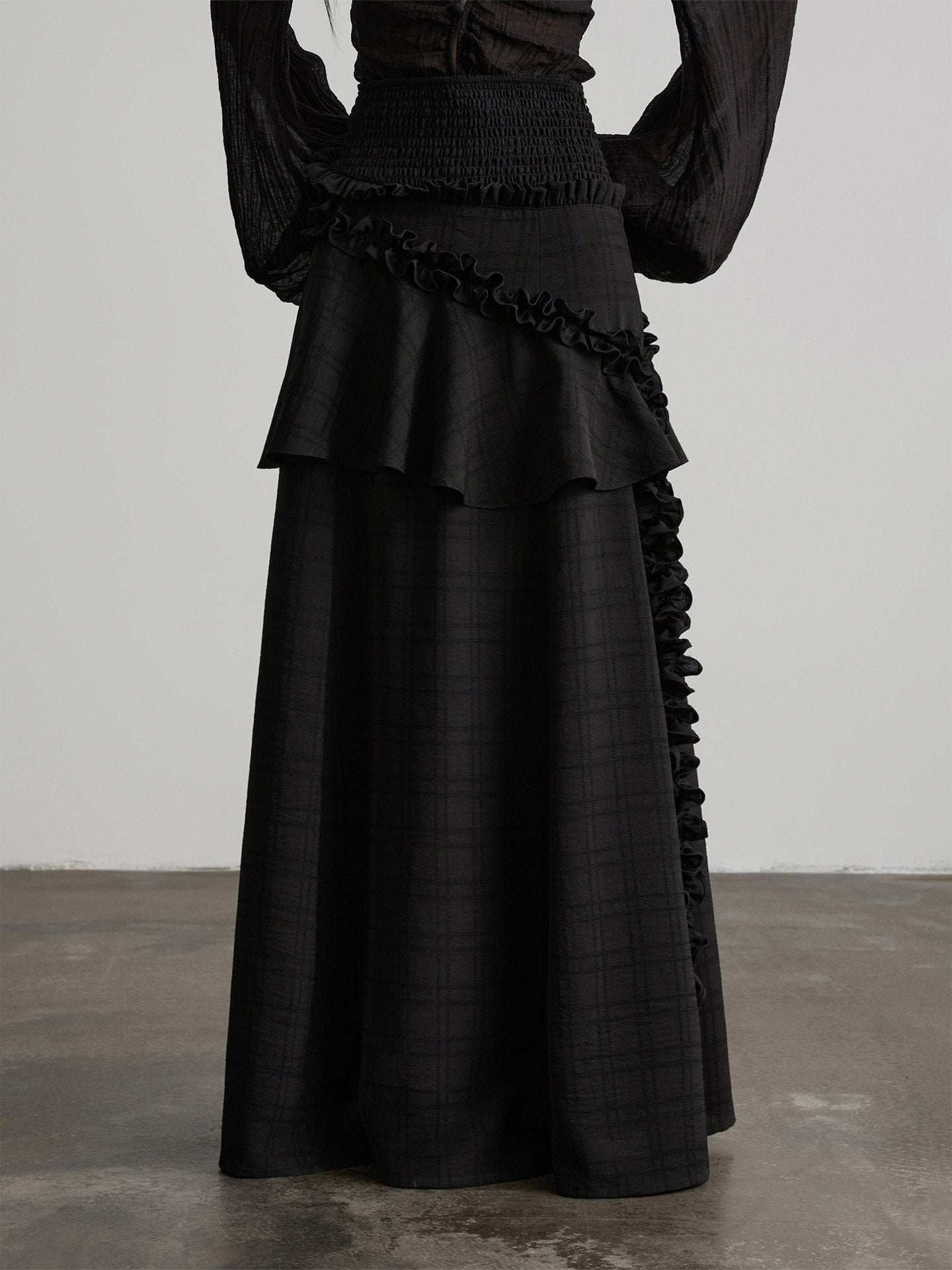 INDULGE_Shape_Retaining_Lined_Casual_A_Line_Ruffle_Mid_Waist_Polyester_Black_Maxi_Skirts_MISSTT
