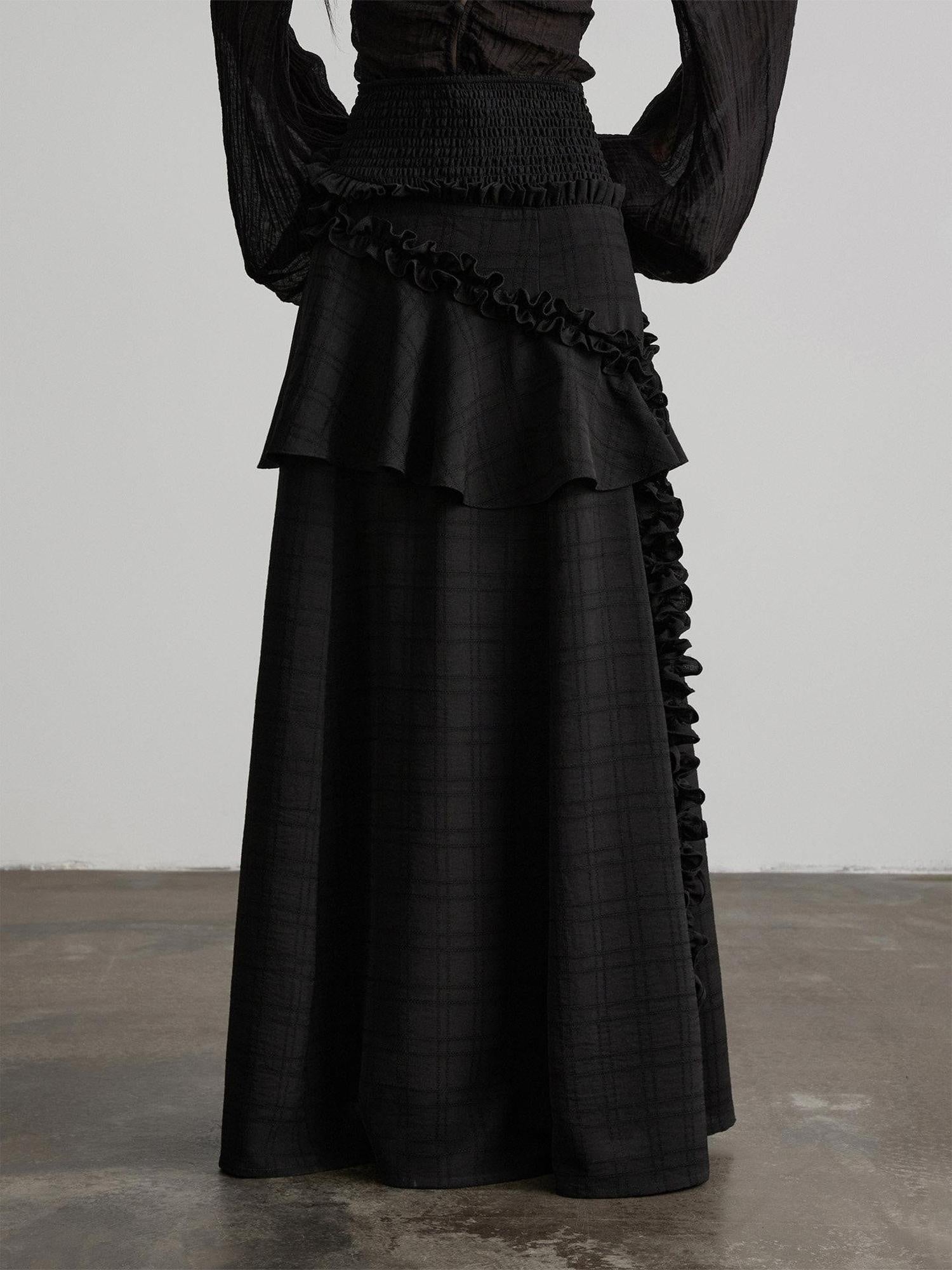 INDULGE Shape Retaining Lined Casual A Line Ruffle Mid Waist Polyester Black Maxi Skirts