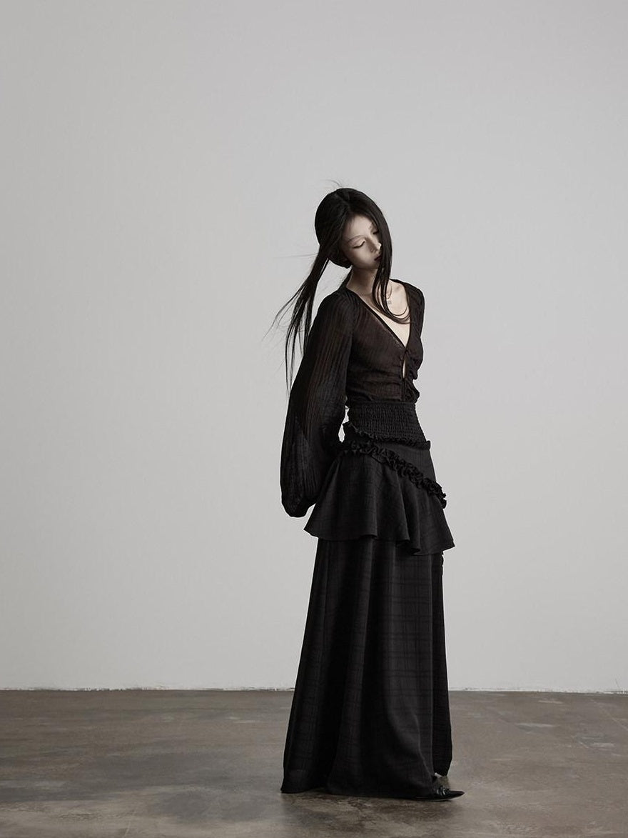INDULGE Shape Retaining Lined Casual A Line Ruffle Mid Waist Polyester Black Maxi Skirts