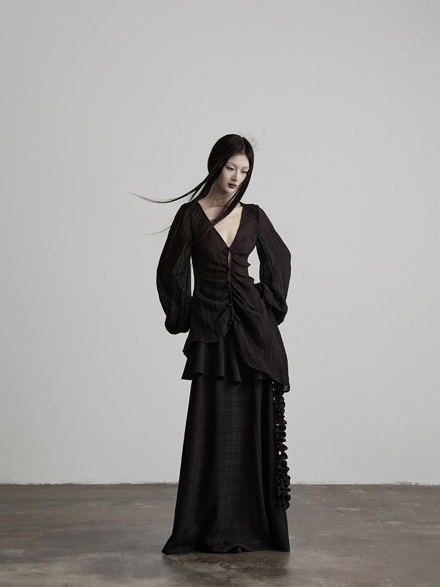 INDULGE Shape Retaining Lined Casual A Line Ruffle Mid Waist Polyester Black Maxi Skirts