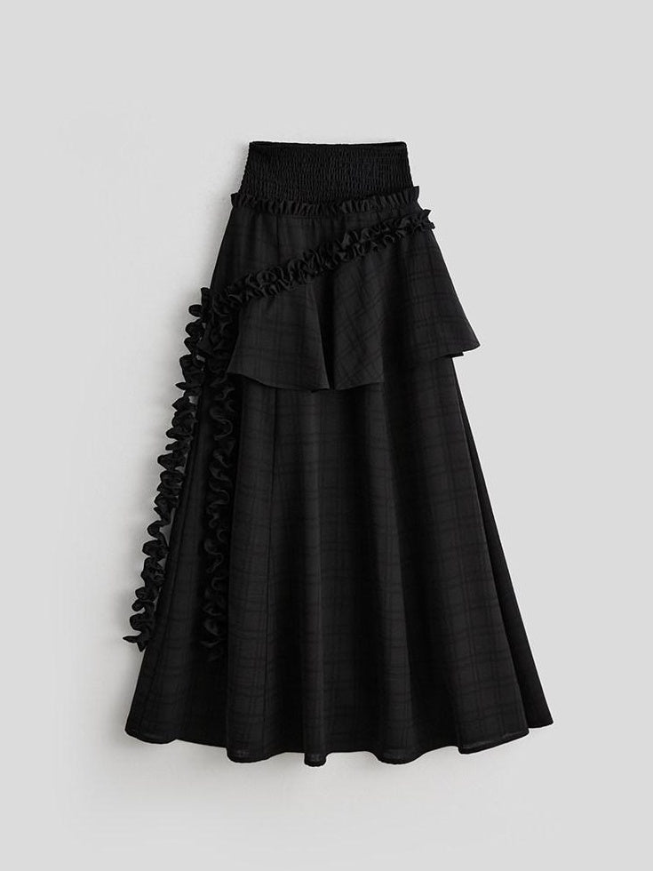 INDULGE Shape Retaining Lined Casual A Line Ruffle Mid Waist Polyester Black Maxi Skirts