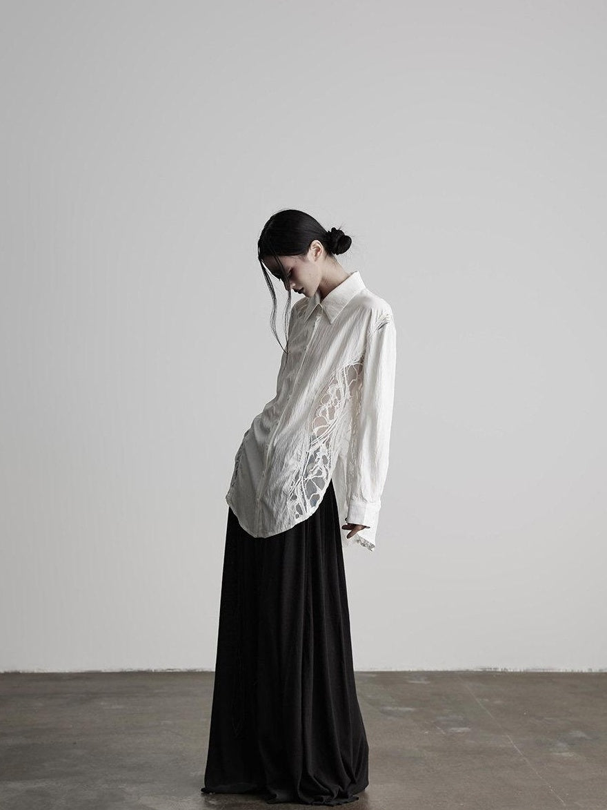 INDULGE Shape Retaining Polo Collar Straight Fit Women White Cotton Lace Blouses