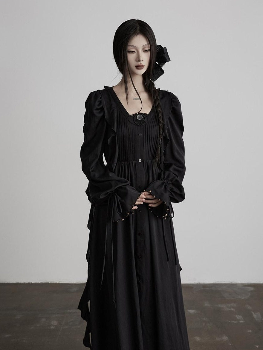 INDULGE Shape Retaining Recycled Blend Loose Flared Long Sleeve Black Shirt Maxi Dresses