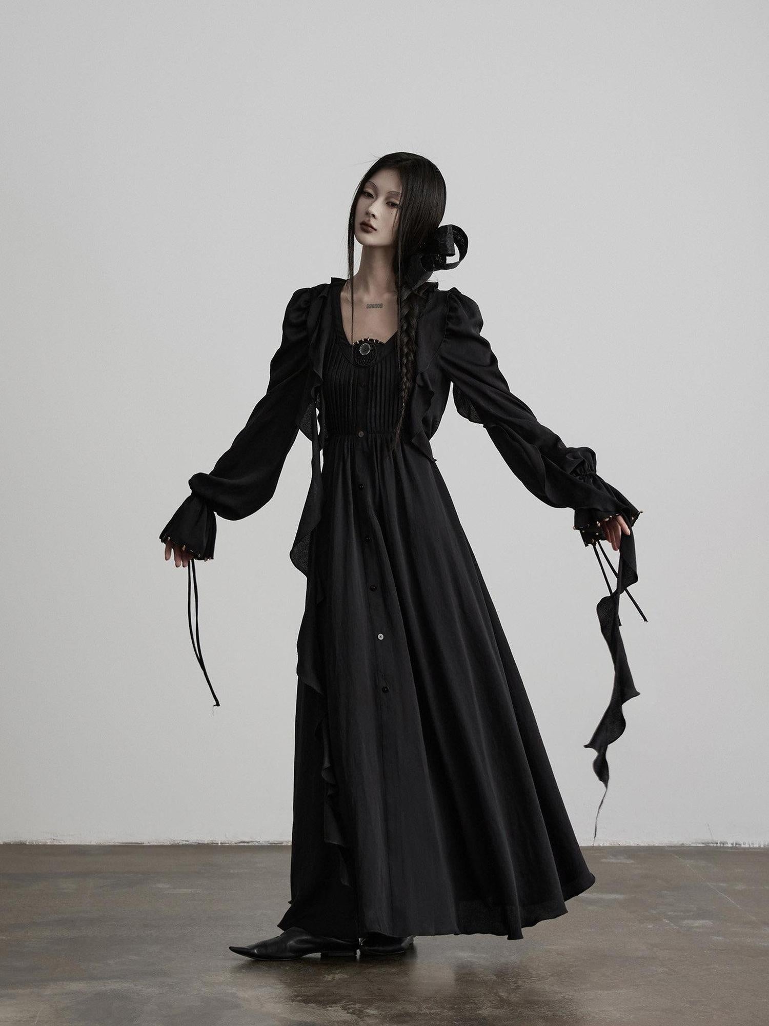 INDULGE Shape Retaining Recycled Blend Loose Flared Long Sleeve Black Shirt Maxi Dresses