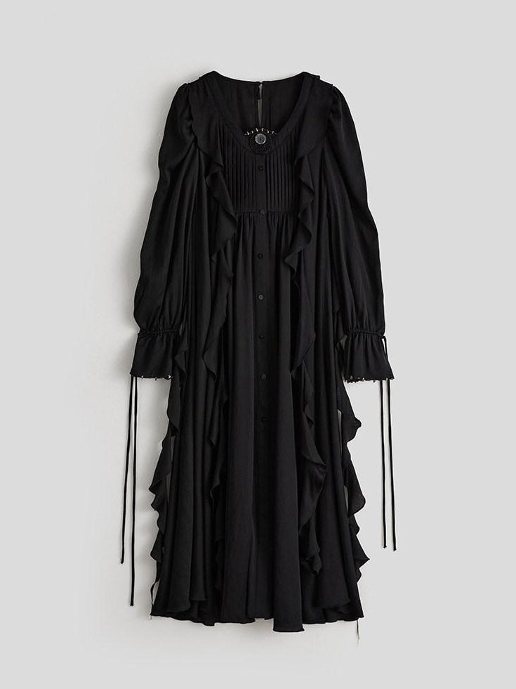INDULGE Shape Retaining Recycled Blend Loose Flared Long Sleeve Black Shirt Maxi Dresses