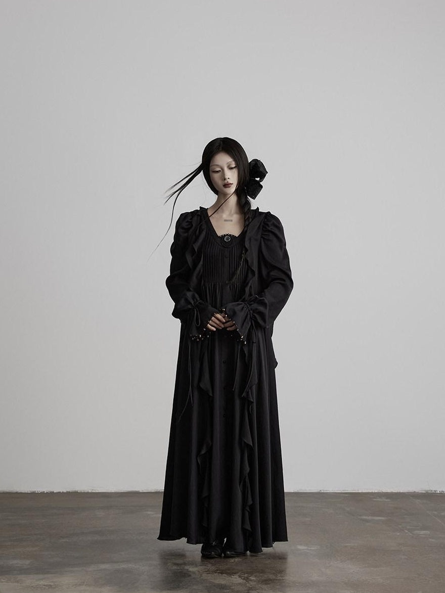 INDULGE Shape Retaining Recycled Blend Loose Flared Long Sleeve Black Shirt Maxi Dresses
