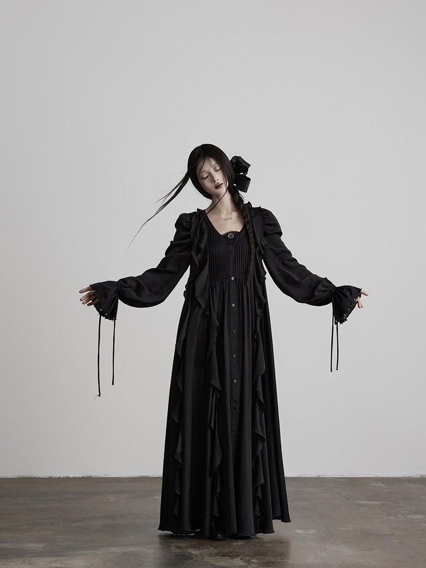 INDULGE Shape Retaining Recycled Blend Loose Flared Long Sleeve Black Shirt Maxi Dresses