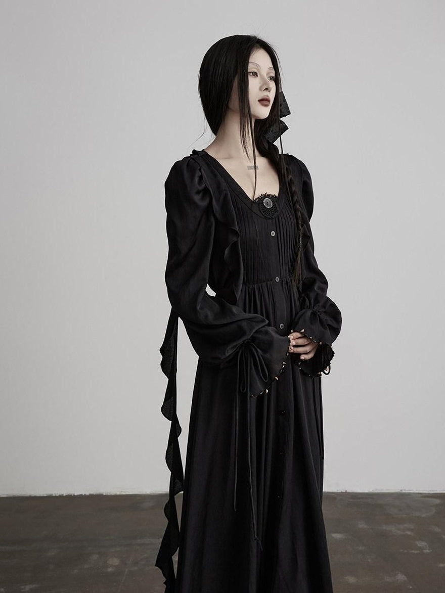 INDULGE Shape Retaining Recycled Blend Loose Flared Long Sleeve Black Shirt Maxi Dresses