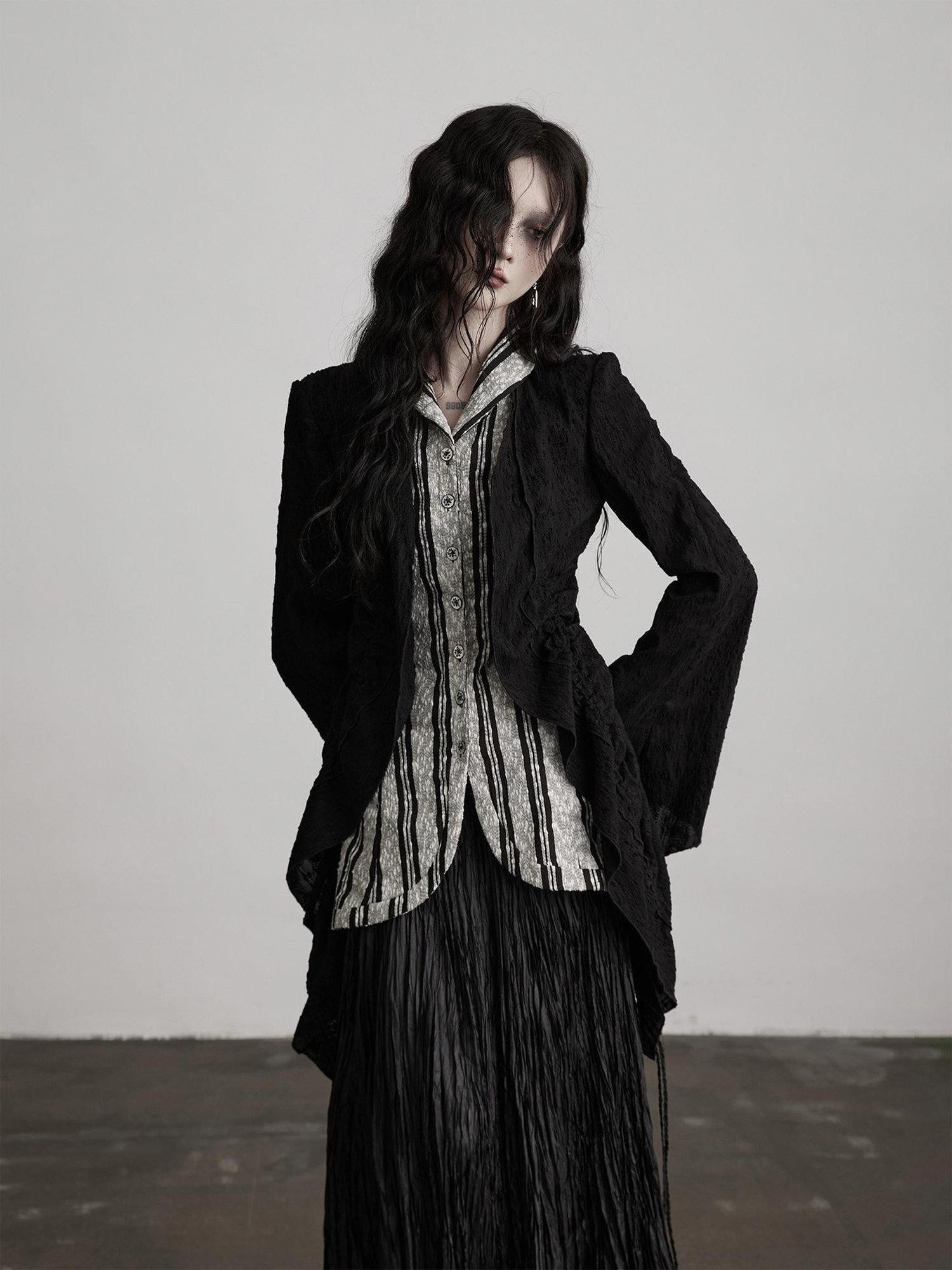 INDULGE Shape Retaining Relaxed Faux Two Piece Cardigan Women Striped Black Blouses