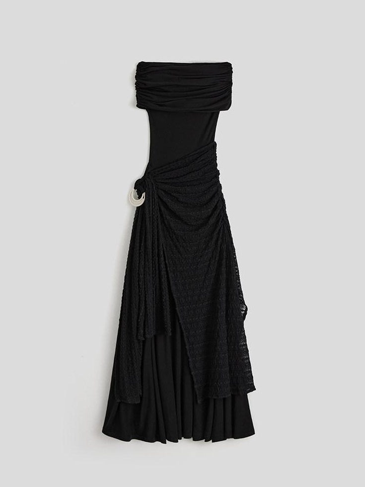 INDULGE Shape Retaining Slim A Line Lyocell Wool Black Women Strapless Maxi Dresses