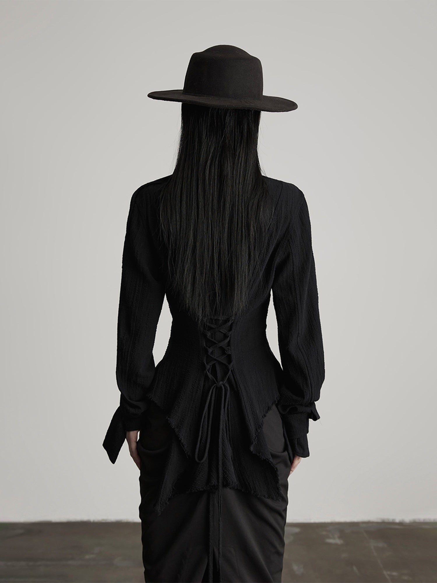 INDULGE Shape Retaining Slim Dark Gothic Cotton Crew Long Sleeve Women Black Blouses