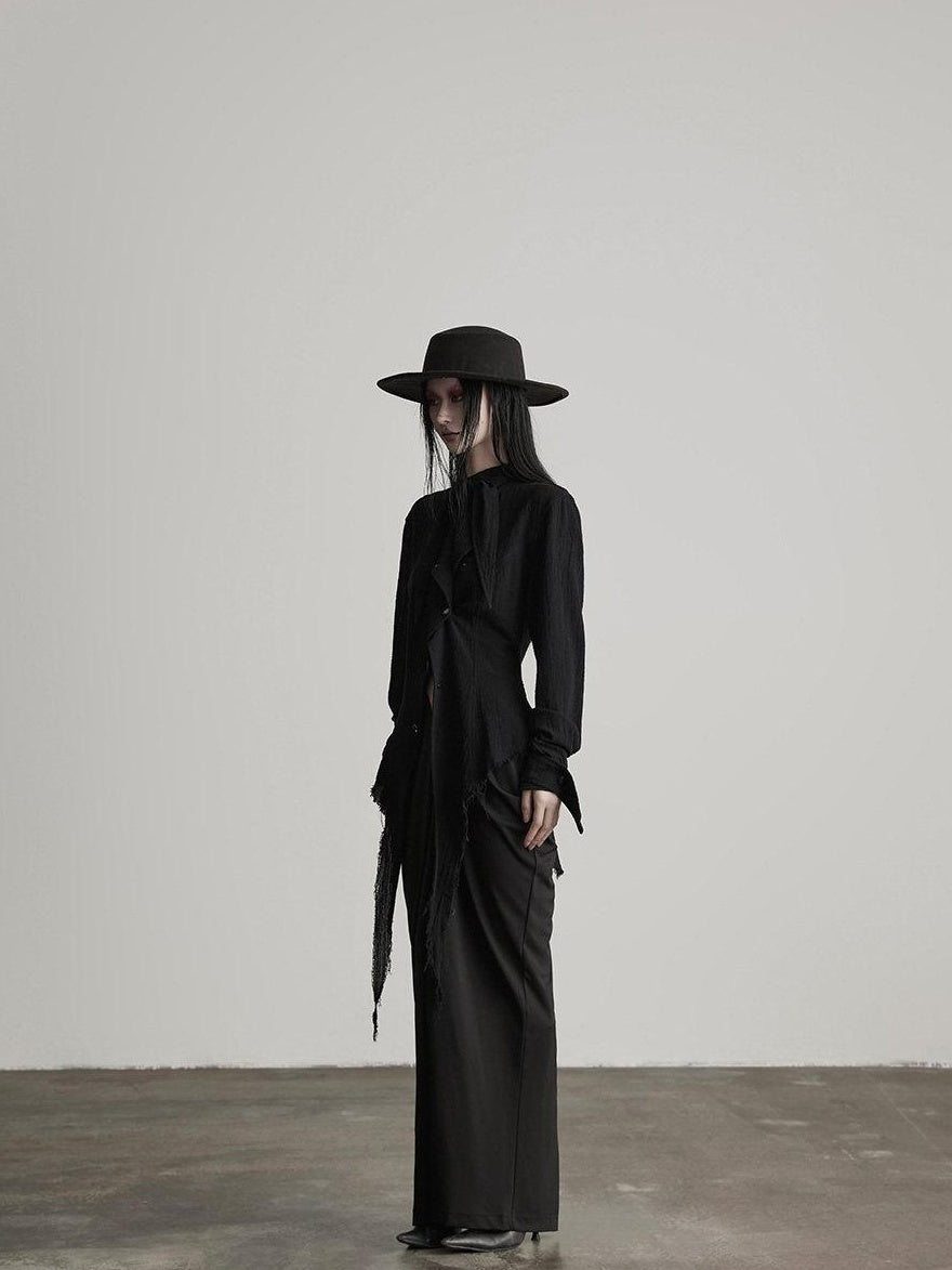 INDULGE Shape Retaining Slim Dark Gothic Cotton Crew Long Sleeve Women Black Blouses