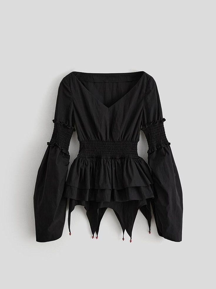 INDULGE Shape Retaining V-neck Fitted Cotton Long Sleeve Women Black Puff-Sleeve Blouses