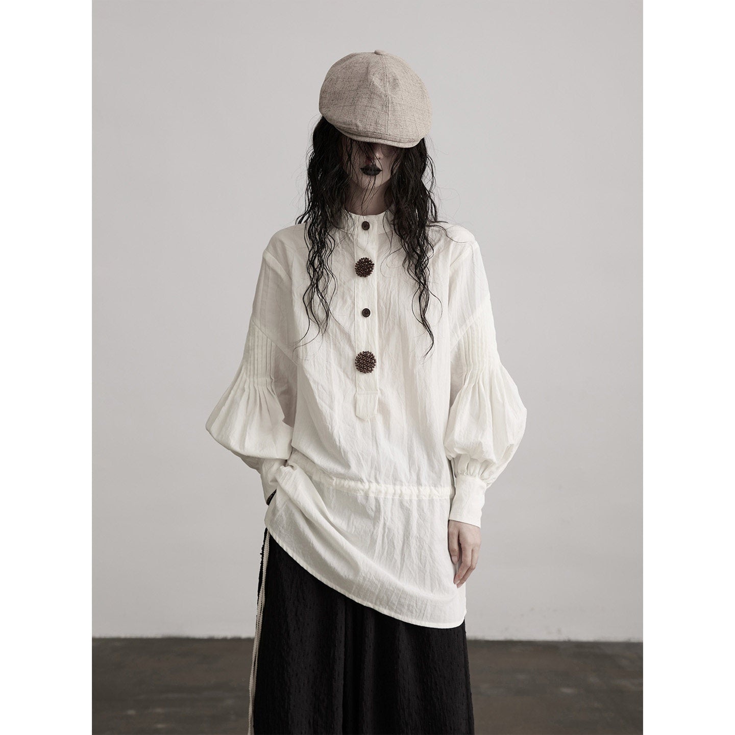 INDULGE_Shape_Retaining_Vintage_Loose_Drawstring_Women_Tencel_Cotton_Puff-Sleeve_Blouses_MISSTT