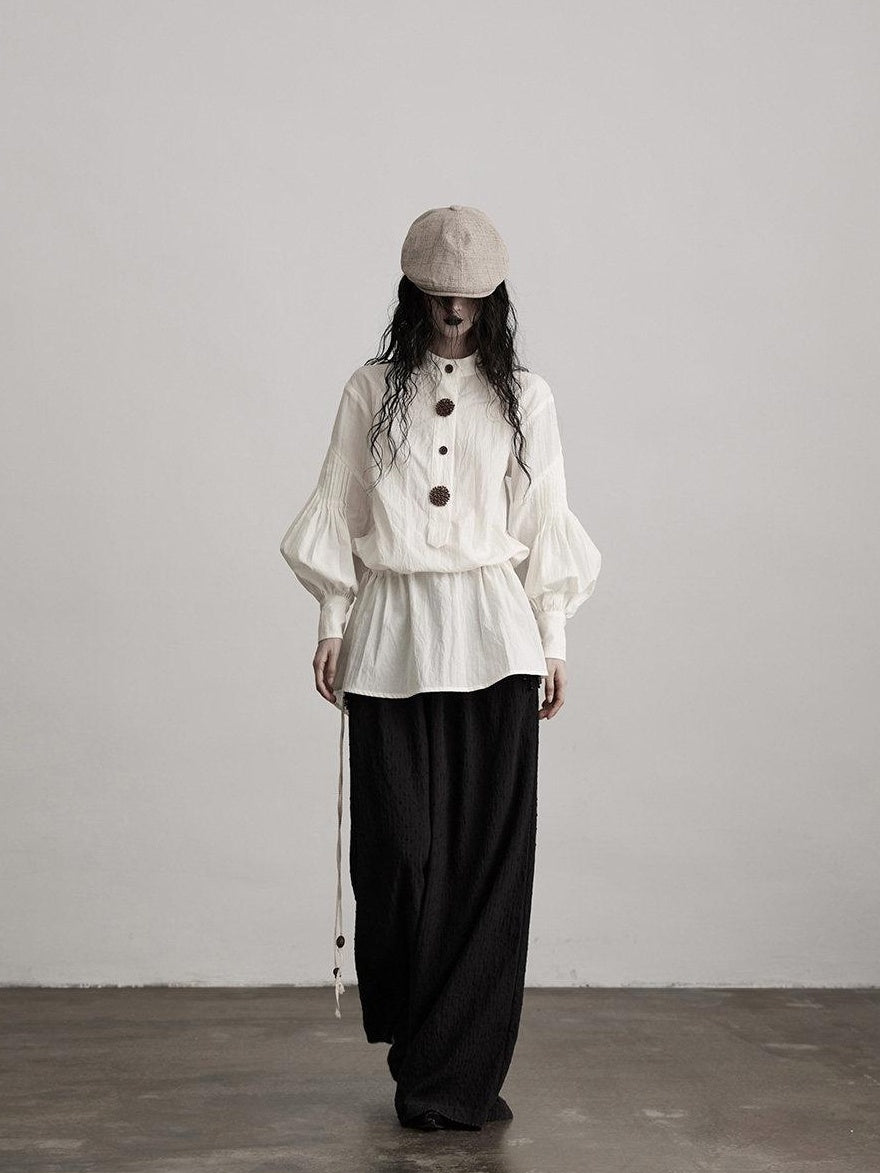 INDULGE Shape Retaining Vintage Loose Drawstring Women Tencel Cotton Puff-Sleeve Blouses