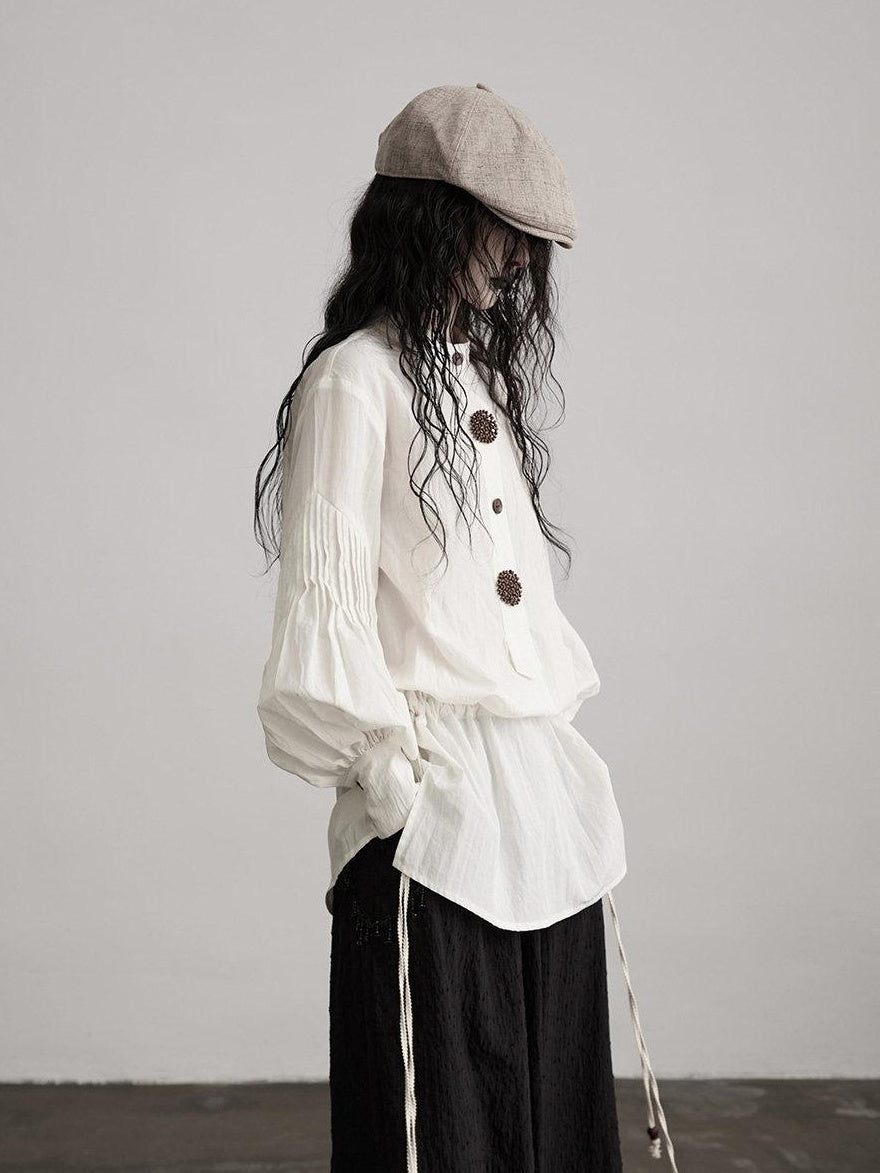 INDULGE Shape Retaining Vintage Loose Drawstring Women Tencel Cotton Puff-Sleeve Blouses