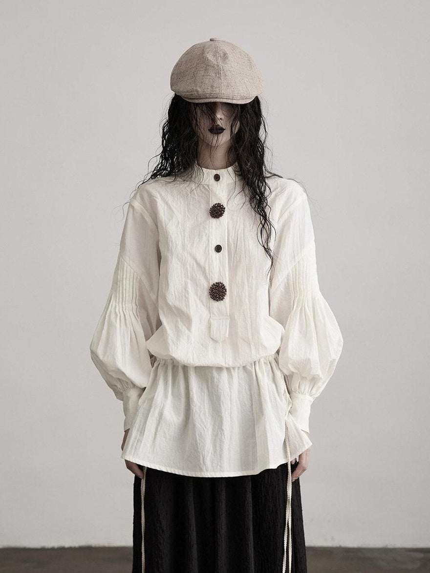 INDULGE Shape Retaining Vintage Loose Drawstring Women Tencel Cotton Puff-Sleeve Blouses