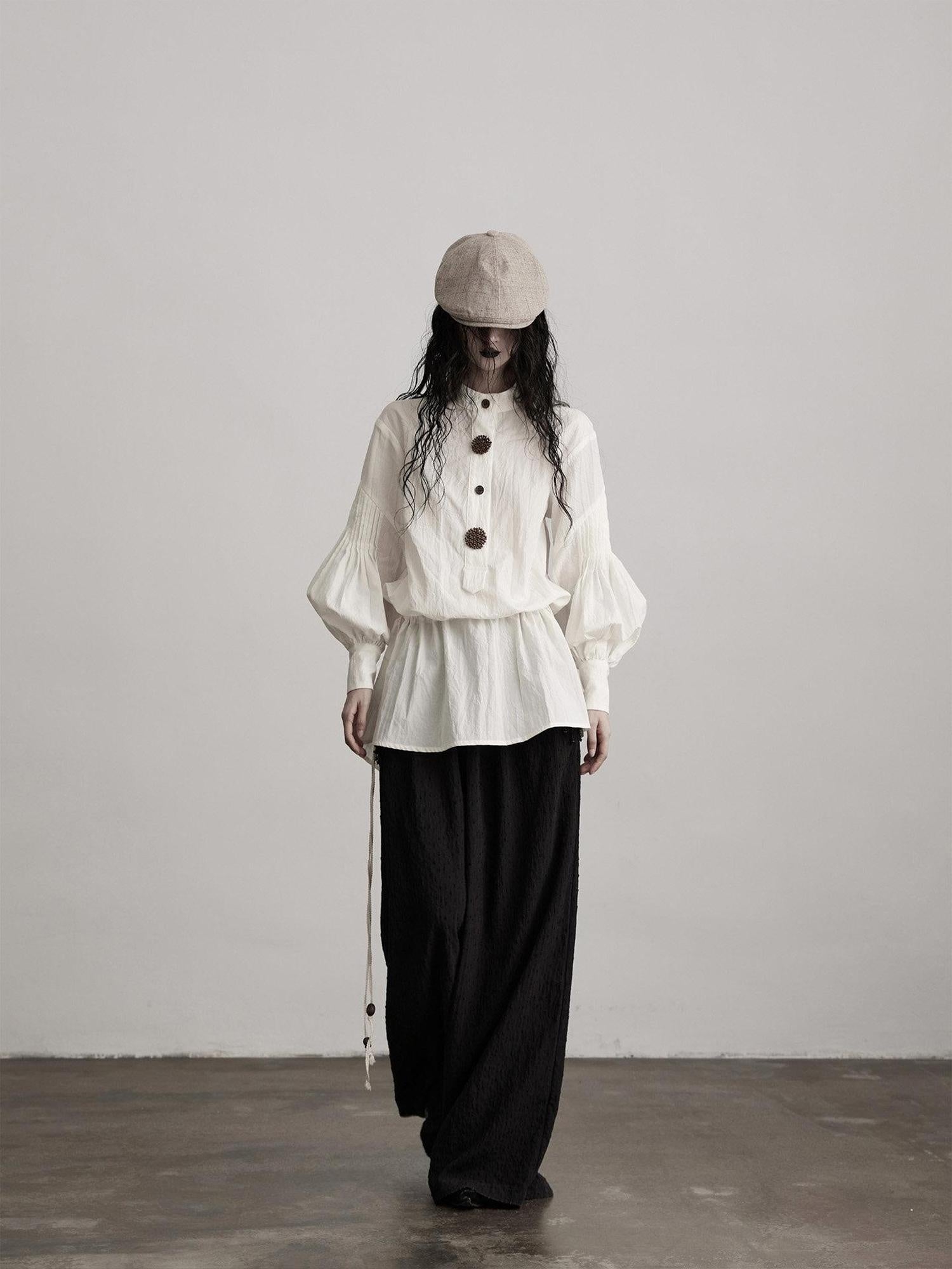 INDULGE Shape Retaining Vintage Loose Drawstring Women Tencel Cotton Puff-Sleeve Blouses