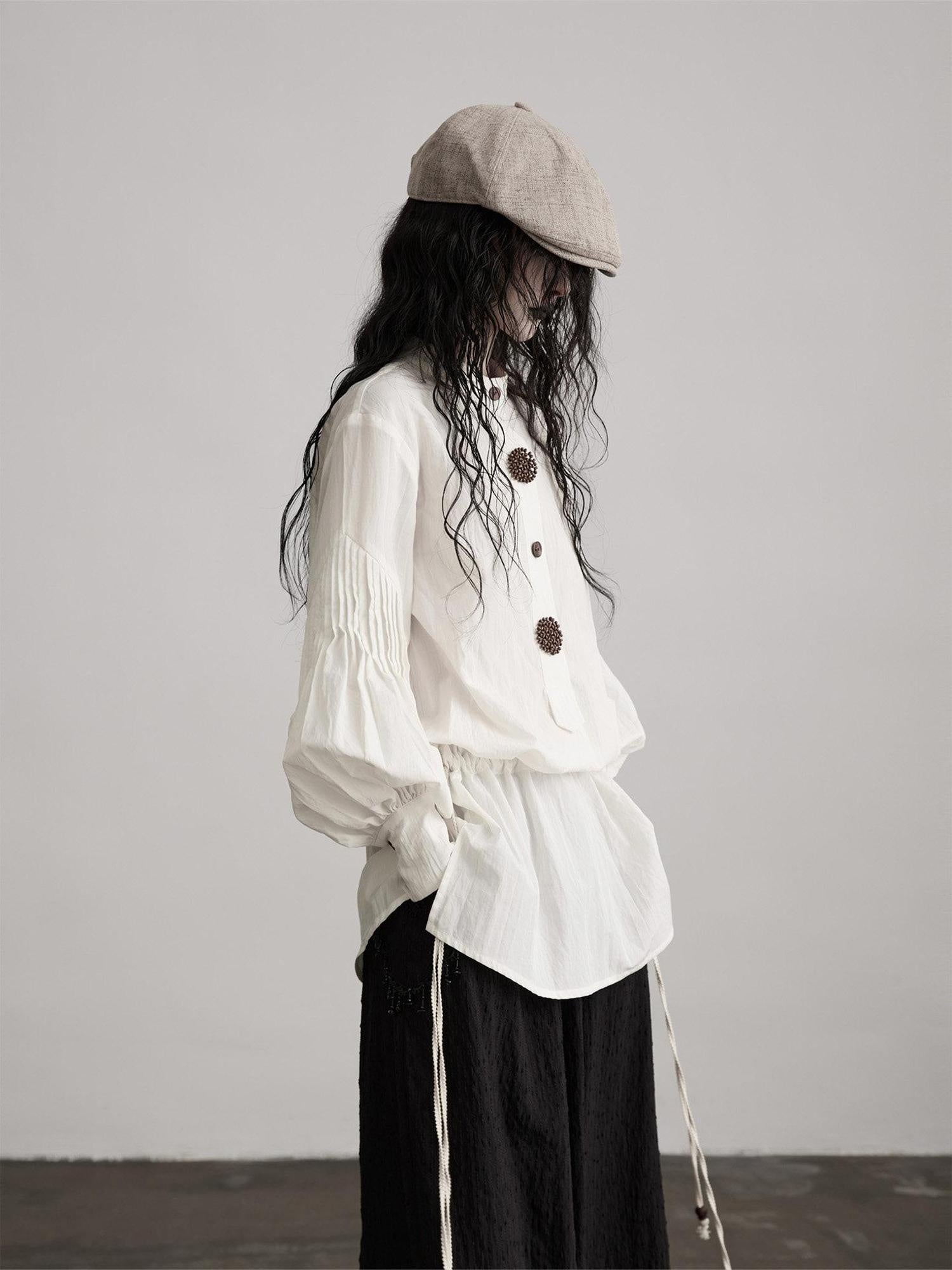 INDULGE Shape Retaining Vintage Loose Drawstring Women Tencel Cotton Puff-Sleeve Blouses