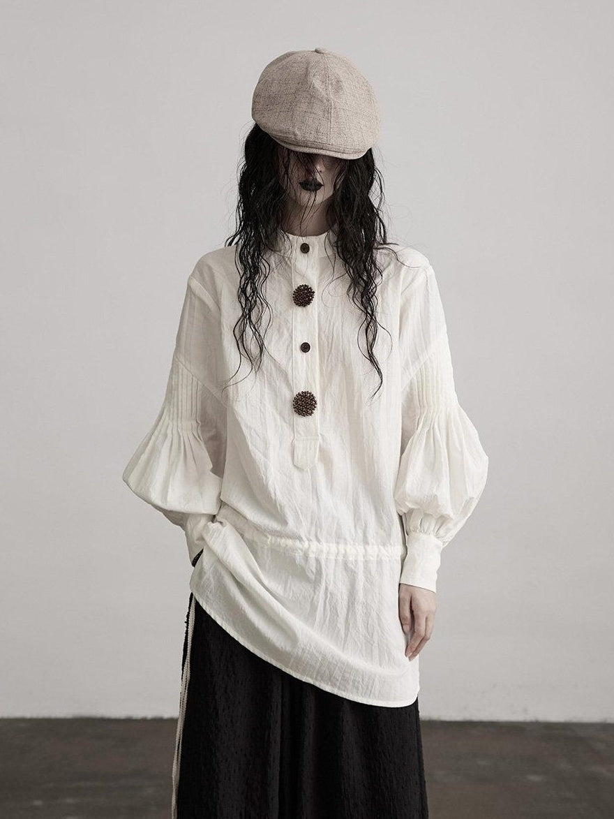 INDULGE Shape Retaining Vintage Loose Drawstring Women Tencel Cotton Puff-Sleeve Blouses
