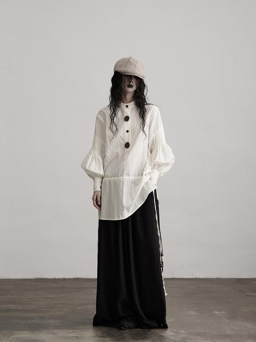 INDULGE Shape Retaining Vintage Loose Drawstring Women Tencel Cotton Puff-Sleeve Blouses