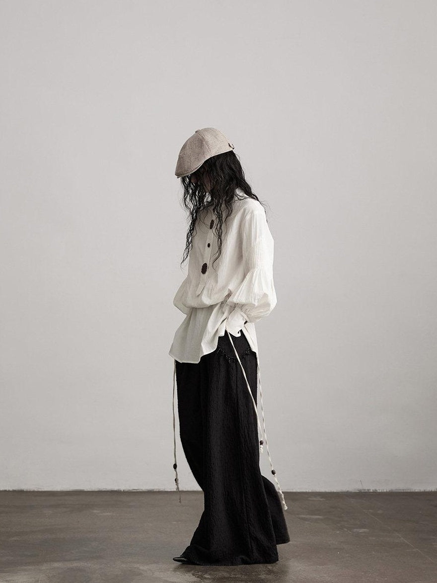 INDULGE Shape Retaining Vintage Loose Drawstring Women Tencel Cotton Puff-Sleeve Blouses