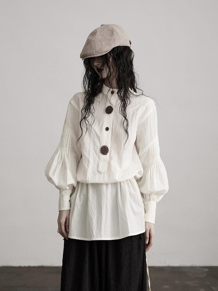 INDULGE Shape Retaining Vintage Loose Drawstring Women Tencel Cotton Puff-Sleeve Blouses