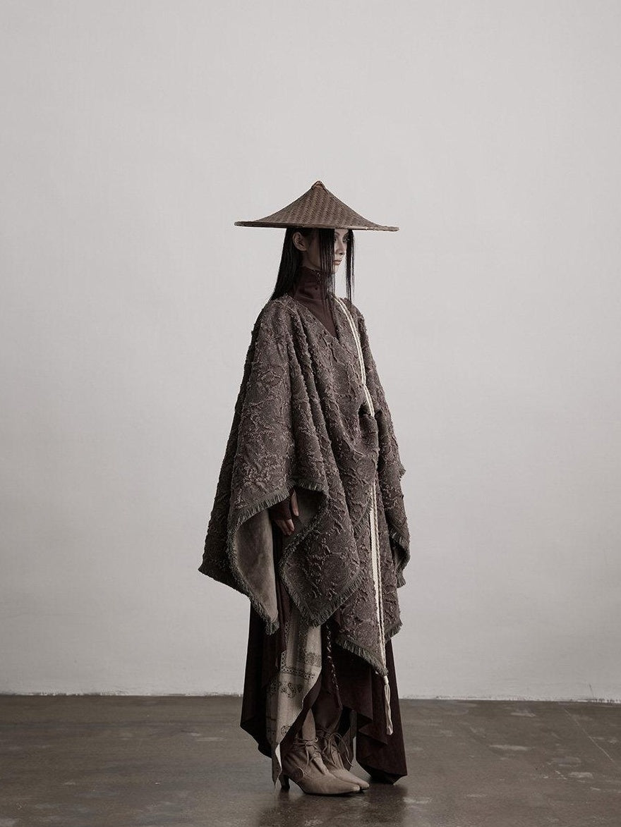 INDULGE Shape Retaining Wuxia Loose V-neck Mid Length Gray Recycled Viscose Cape Coats