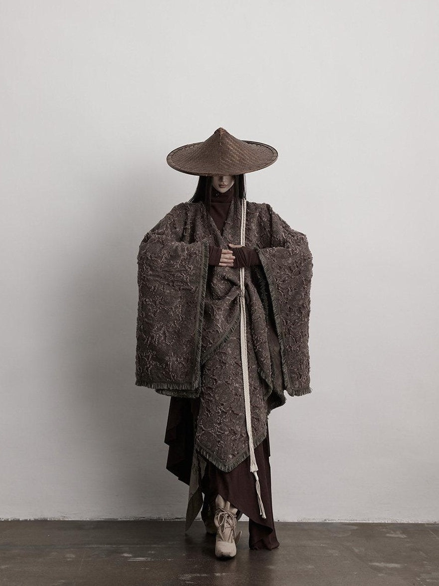 INDULGE Shape Retaining Wuxia Loose V-neck Mid Length Gray Recycled Viscose Cape Coats