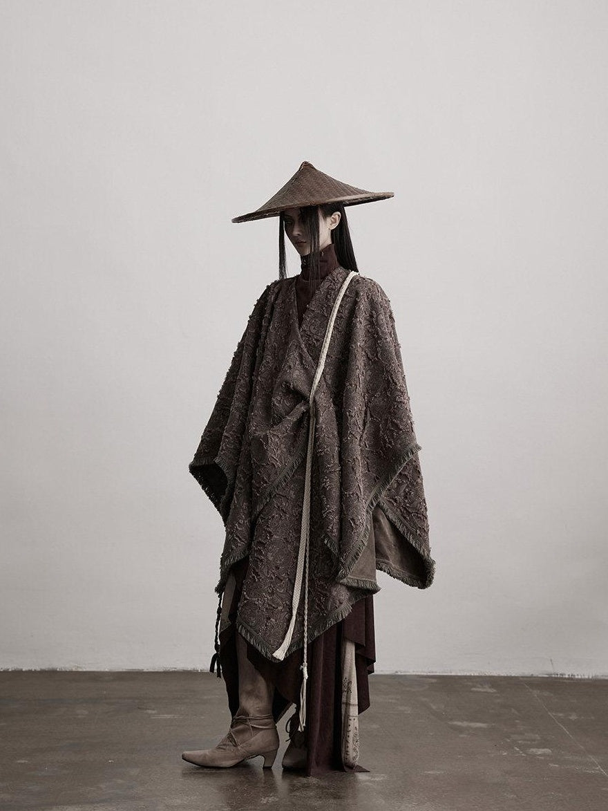 INDULGE Shape Retaining Wuxia Loose V-neck Mid Length Gray Recycled Viscose Cape Coats