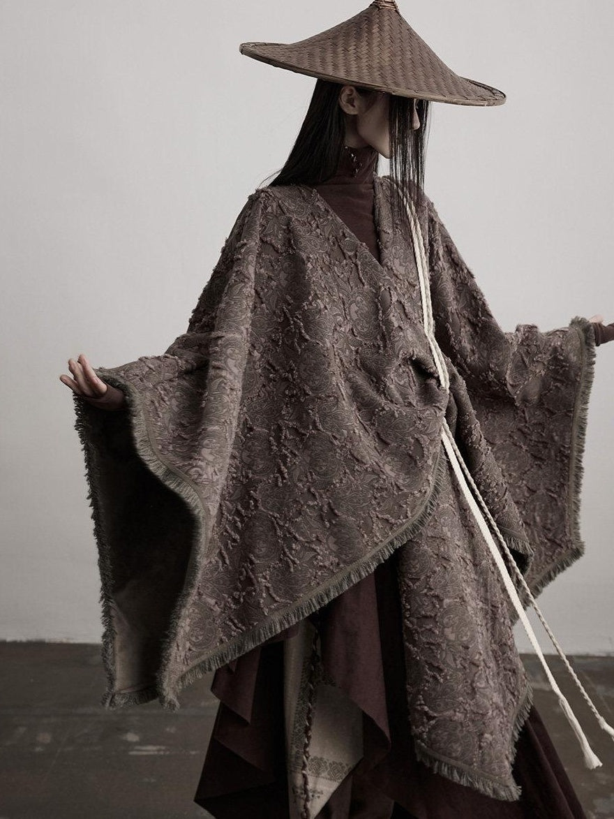INDULGE Shape Retaining Wuxia Loose V-neck Mid Length Gray Recycled Viscose Cape Coats