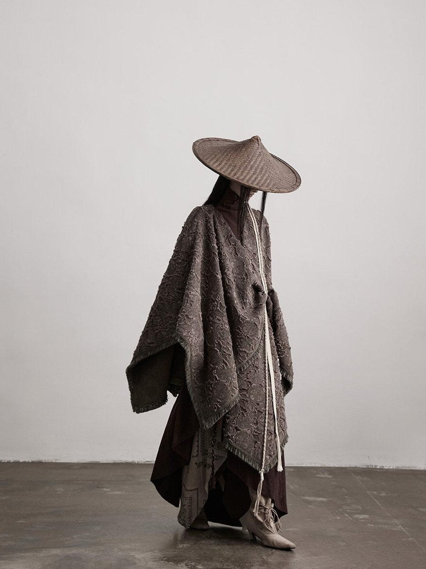 INDULGE Shape Retaining Wuxia Loose V-neck Mid Length Gray Recycled Viscose Cape Coats