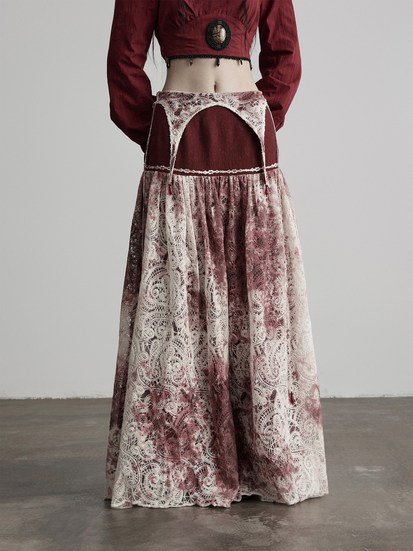 INDULGE Shape Retention Casual A Line Patchwork Lace Mid Rise Cotton Nylon Maxi Skirts