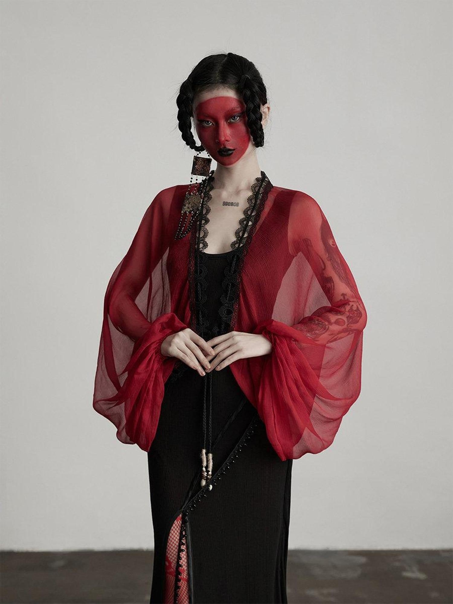 INDULGE Silk Ruffle Original Design Loose Fit Womens Red Longsleeve Overshirts