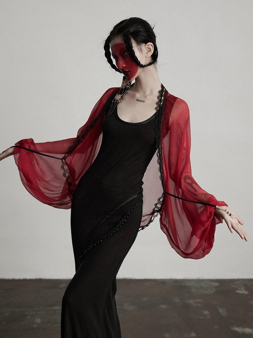 INDULGE Silk Ruffle Original Design Loose Fit Womens Red Longsleeve Overshirts