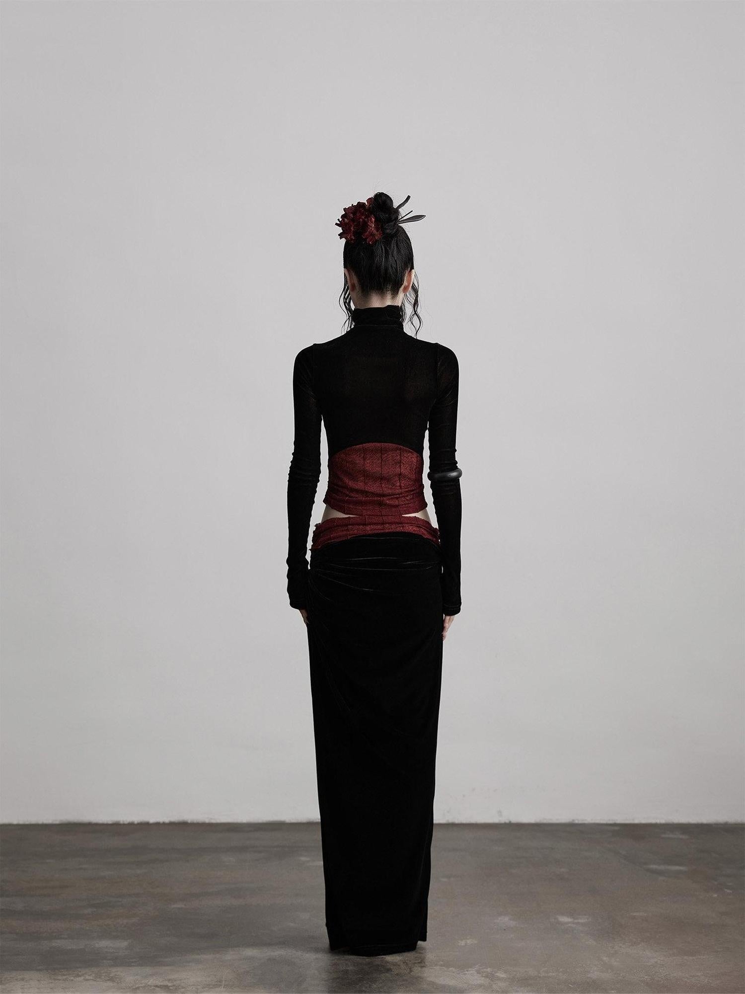 INDULGE Silk Velvet Fitted Mid Waist Elegant Straight Black Women Party Bodycon Skirts