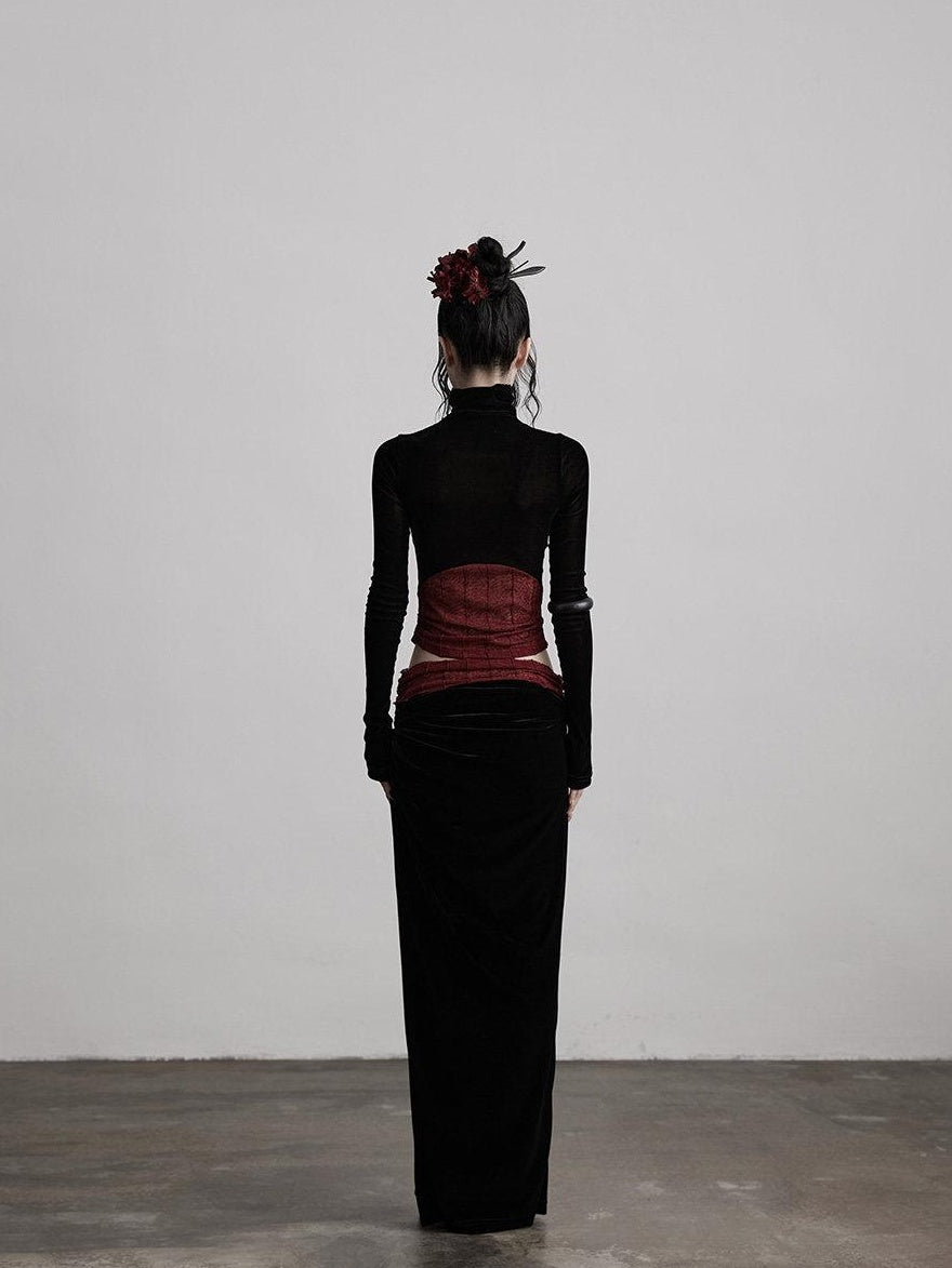 INDULGE Silk Velvet Fitted Mid Waist Elegant Straight Black Women Party Bodycon Skirts