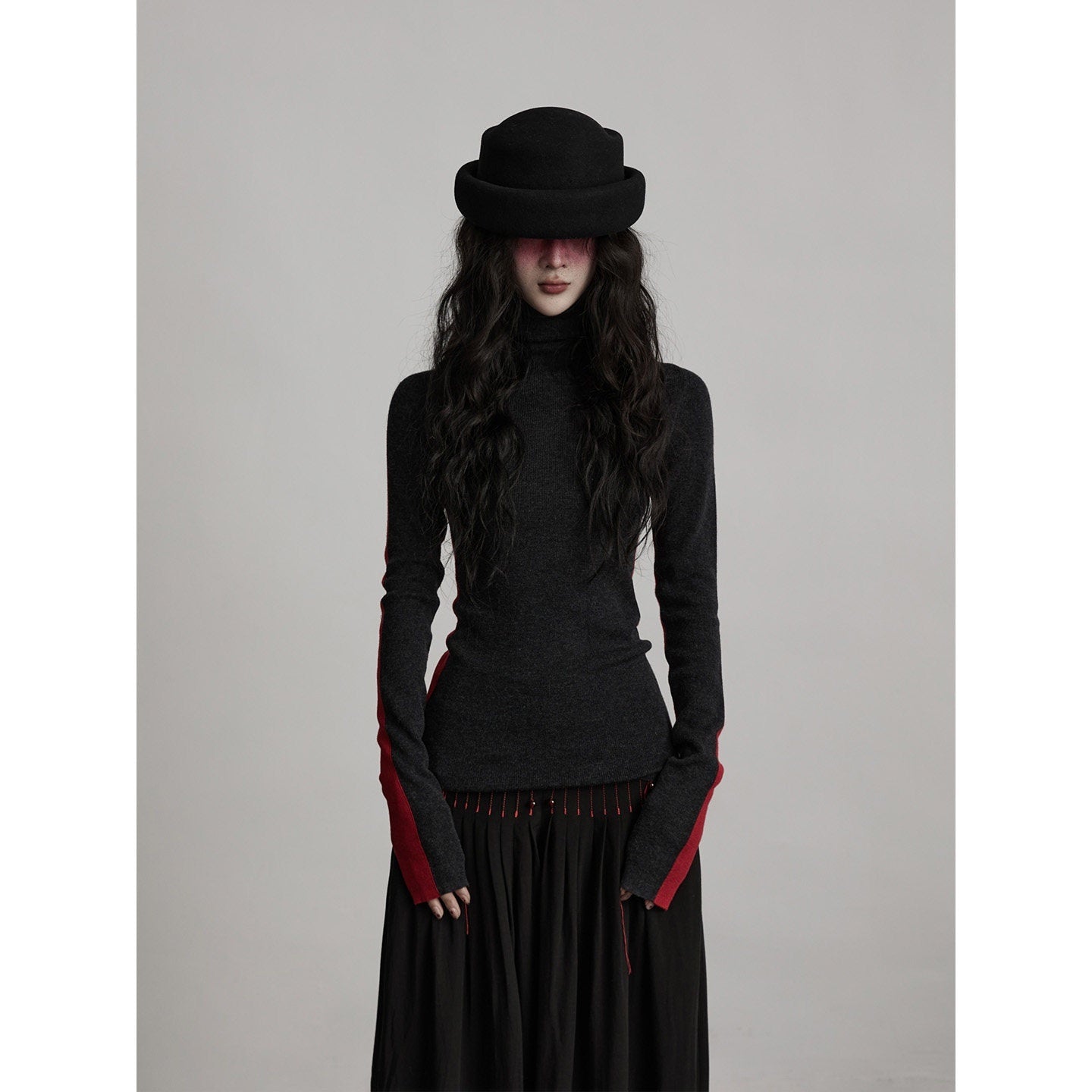 INDULGE_Soft_Knit_High_Neck_Casual_Regular_Women_Solid_Black_Red_Long_Sleeve_T-Shirts_MISSTT