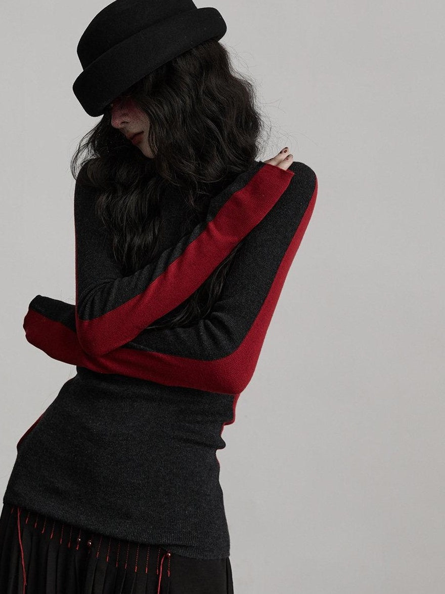 INDULGE Soft Knit High Neck Casual Regular Women Solid Black Red Long Sleeve T-Shirts