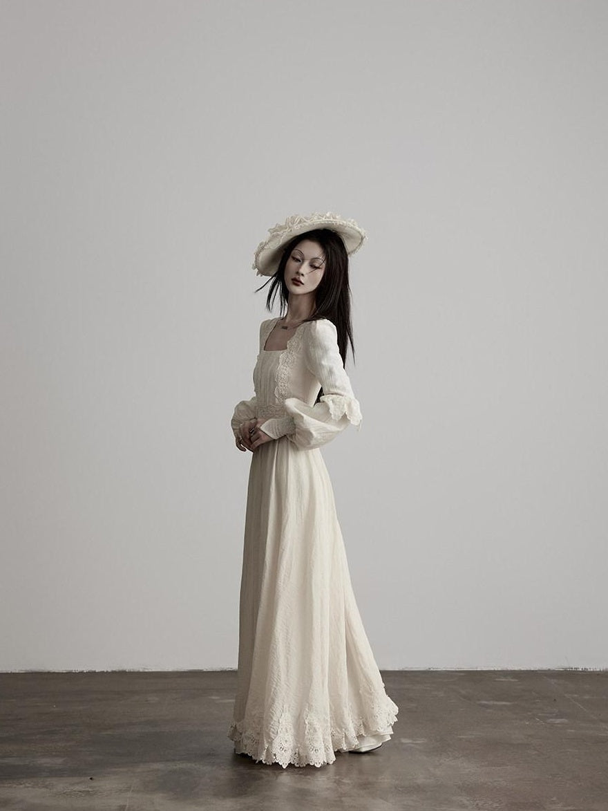 INDULGE Soft Lyocell Lace Cinched Waist Puff Sleeve Square Neck Shirt Maxi Dresses
