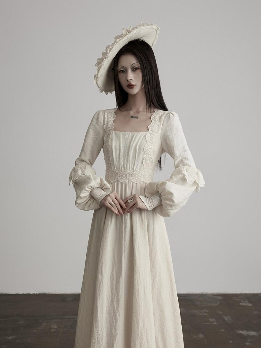 INDULGE Soft Lyocell Lace Cinched Waist Puff Sleeve Square Neck Shirt Maxi Dresses