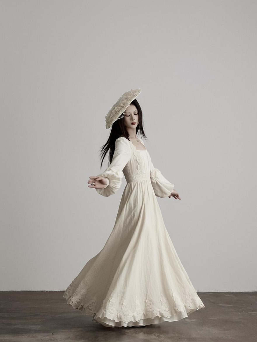 INDULGE Soft Lyocell Lace Cinched Waist Puff Sleeve Square Neck Shirt Maxi Dresses
