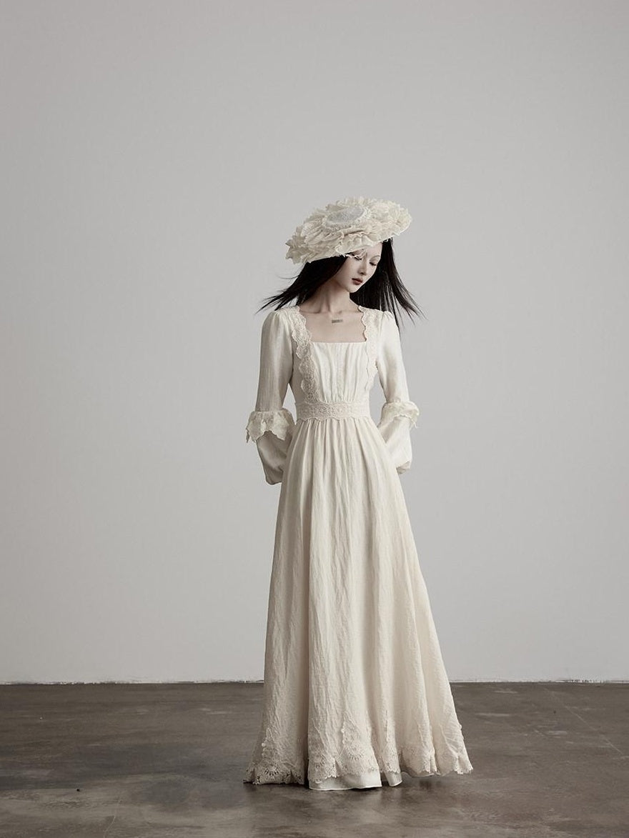INDULGE Soft Lyocell Lace Cinched Waist Puff Sleeve Square Neck Shirt Maxi Dresses