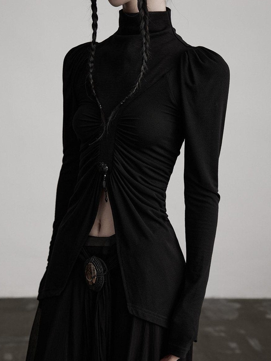 INDULGE Soft Modal Slim Asymmetric High Neck Princess Sleeve Black Long Sleeve T-Shirts