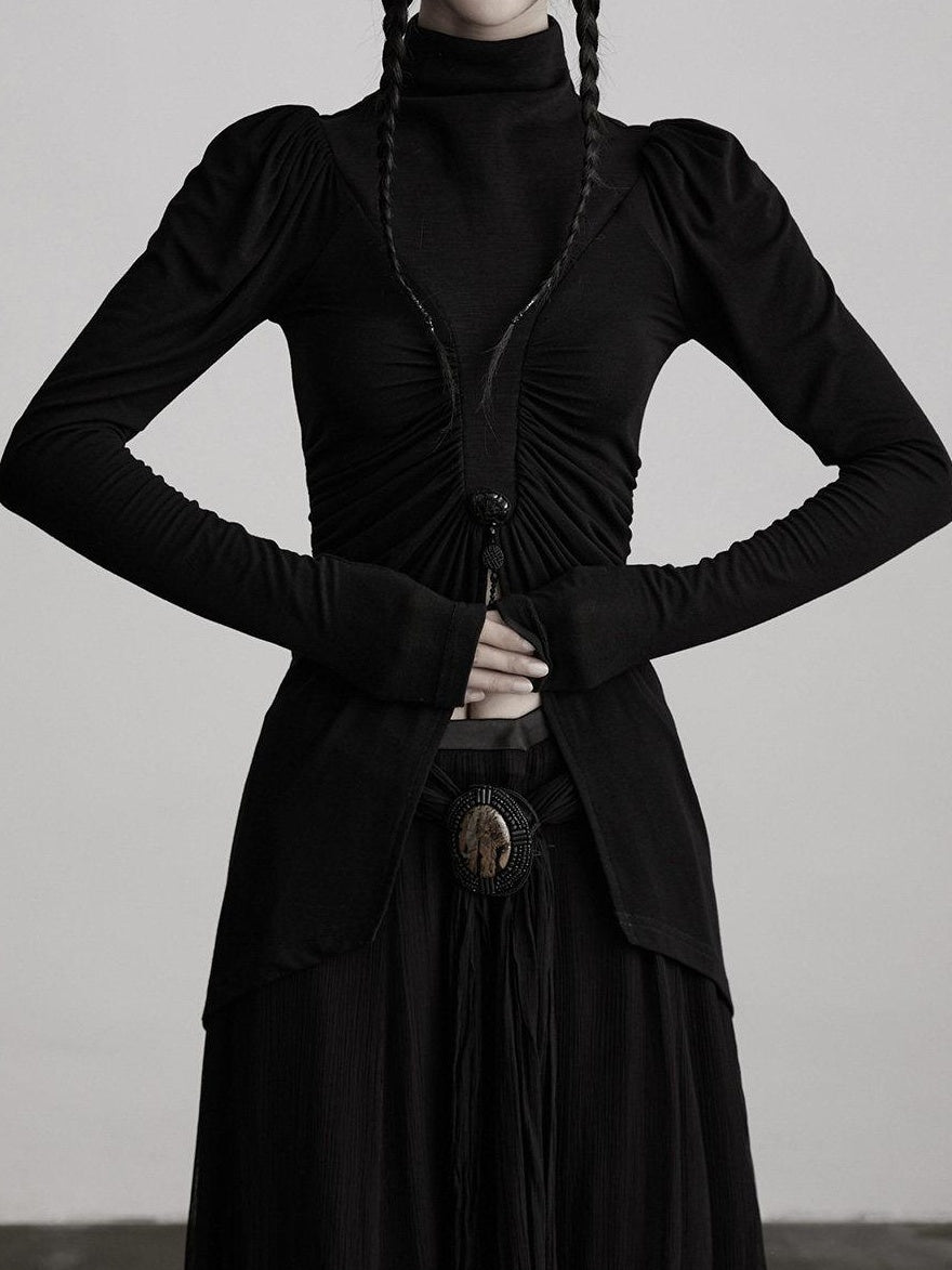 INDULGE Soft Modal Slim Asymmetric High Neck Princess Sleeve Black Long Sleeve T-Shirts