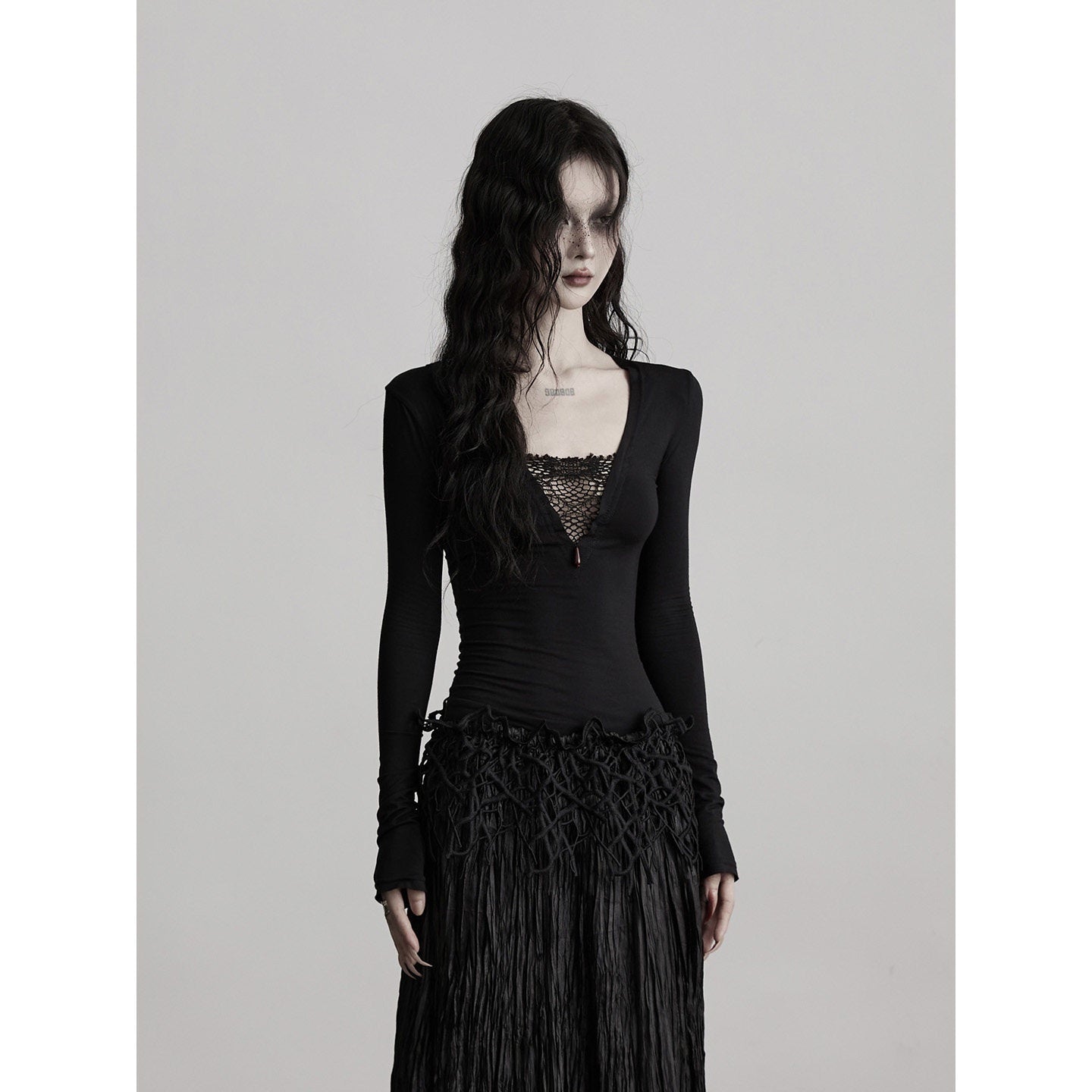 INDULGE Soft Modal V-neck Hollowout Slim Casual Knit Women Black Long Sleeve T-Shirts